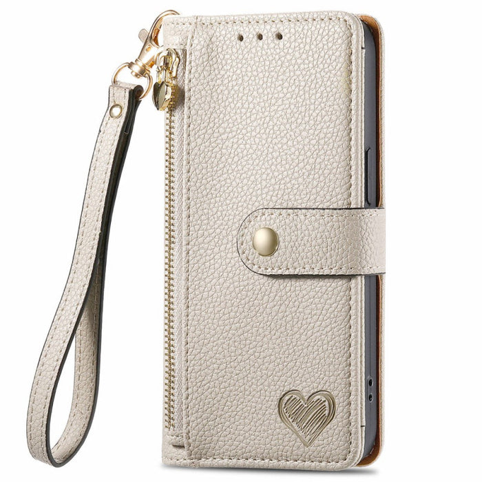 RFID Heart Print Zipper Wallet Wrist Strap