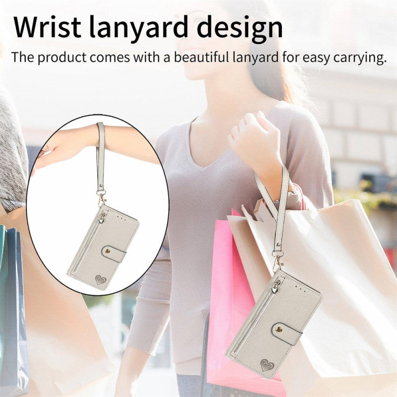 Google Pixel 10 Pro XL RFID Heart Print Zipper Wallet Wrist Strap