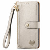 Google Pixel 9 Pro XL RFID Heart Print Zipper Wallet Wrist Strap