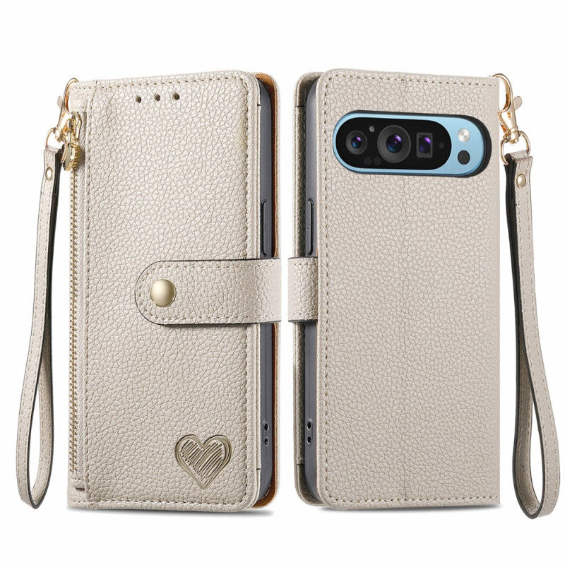 Google Pixel 8 RFID Heart Print Zipper Wallet Wrist Strap