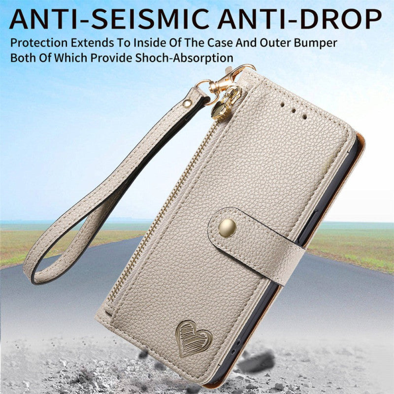 Google Pixel 9 Pro XL RFID Heart Print Zipper Wallet Wrist Strap