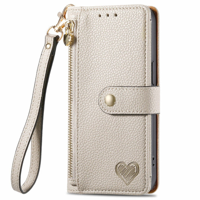 Google Pixel 9 Pro RFID Heart Print Zipper Wallet Wrist Strap