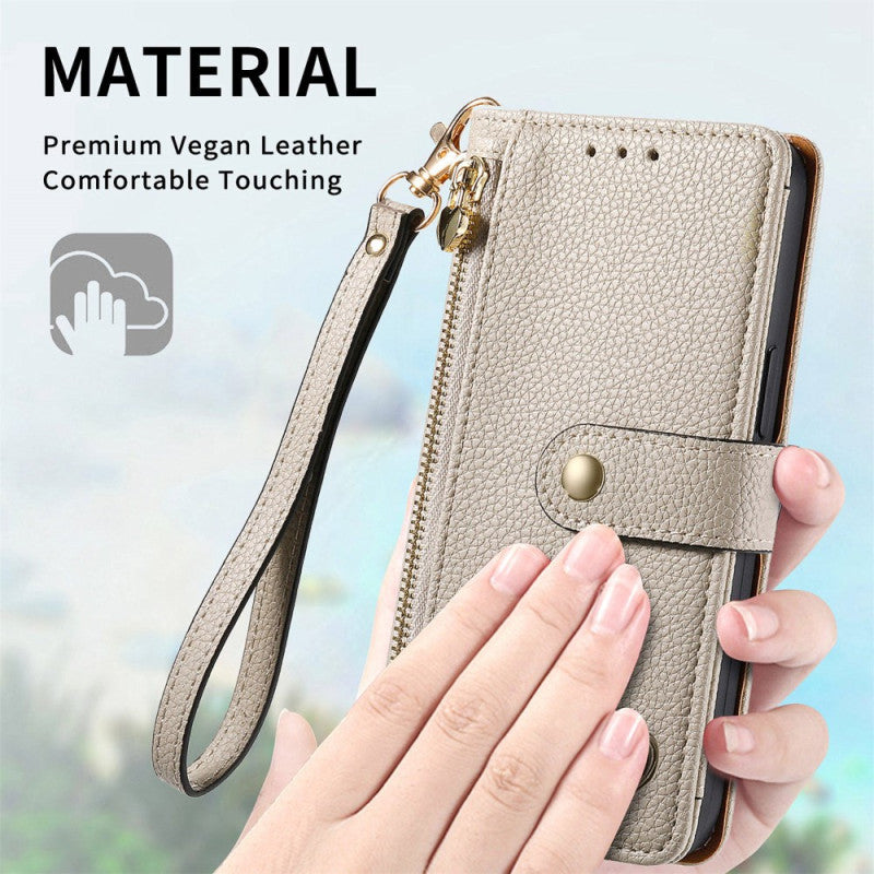 Google Pixel 8a RFID Heart Print Zipper Wallet Wrist Strap