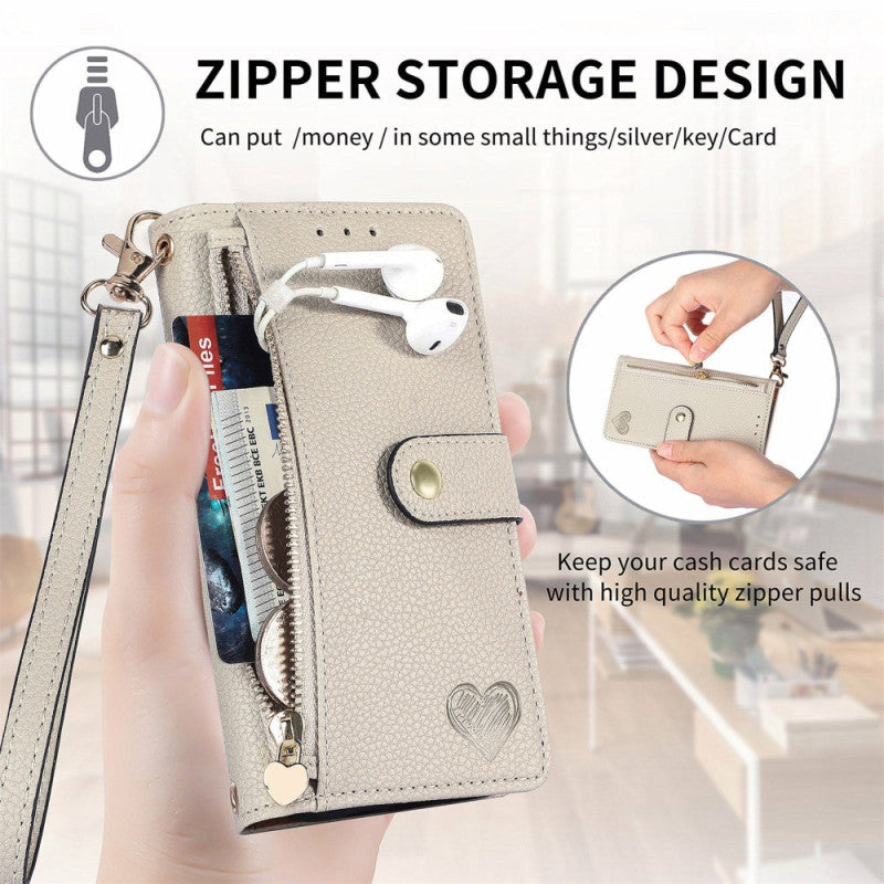 Google Pixel 9a RFID Heart Print Zipper Wallet Wrist Strap