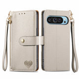Google Pixel 9a RFID Heart Print Zipper Wallet Wrist Strap
