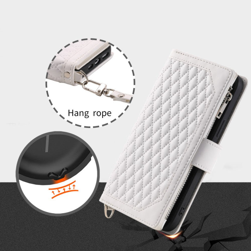 Google Pixel 8 Diamond Stitch Zipper Wallet Wrist Strap
