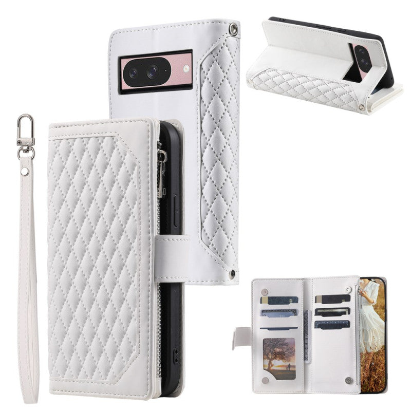 Google Pixel 8a Diamond Stitch Zipper Wallet Wrist Strap